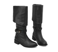 Motocicleta Rodilla Botas Altas tacón bajo Plano Slouchy Boot Hebillas Ajustables Biker Riding Boots de Las Mujeres,Negro,39 EU