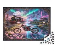 Motocicleta Tren de Vapor Ciudad Cybernética Vista Nocturna Puzzle de 1000 Piezas Puzzle para Adultos Papel Relajación Decoración Hogar Regalo 70x50cm/1000pcs