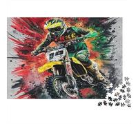 Motocross Rider Action Familiar 1000 Piezas Rompecabezas Adultos Piloto Dinámico Rodeado de Explosión de Pintura Roja Premium Resistente Desafiante Alivio Estrés 70x50cm/1000pcs
