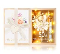 MOTONG Regalo de dinero para cumpleaños, 50. Regalo de cumpleaños para mujeres y hombres, 50º Happy Birthday Creativo Dinero Regalo Embalaje Caja de Regalo de Madera con Flores Secas Blancas Tubos de