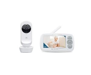 Motorola Nursery Ease 34-Vigilante con cámara de vídeo 1080p para bebés de 4,3 pulgadas con pantalla HD-Visión nocturna,comunicación bidireccional,nanas,zoom,control de la temperatura ambiente-Blanco