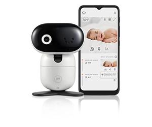 Motorola Nursery PIP1010 CON Baby Monitor con cámara pan-tilt zoom, visión nocturna y App, 1080p, Sólo movimiento, montaje en pared, temperatura ambiente, comunicación bidireccional y nanas, blanco