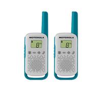 Motorola Solutions T114, Talkabout, radios bidireccionales para niños y niñas, funciona con pilas, walkie talkies de 22 canales, 16 millas, blanco/azul, paquete de 2