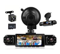 Motorsi Espejo retrovisor de 4 canales, cámara de 3,16 pulgadas, 1080P, cámara cuádruple para coche, DVR con grabación en bucle, visión nocturna, asistente de aparcamiento, tarjeta TF de 64 GB para