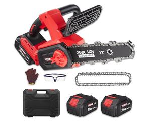 Motosierra a Batería 12 Pulgadas, 1200W Brushless Sierra Eléctrica Inalámbrica con 2 Baterías 4.0Ah y Cargador, Tensado de Cadena sin Herramientas, Corte de Madera y Poda de Árboles