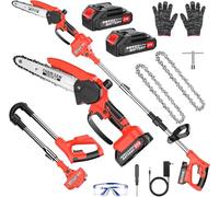 Motosierra Batería Sin Cable, 2 en 1 Mini Motosierra y Podadora de Pértiga, con 2 Baterías de 1500mAh, Sierra de Poda Telescópica Eléctrica, Guantes para Podar Arboles Patio de Jardín árboles