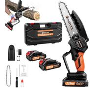 Motosierra eléctrica con batería de 21 V, con 2 baterías, 15,24 cm, color naranja, sierra de cadena de mano de una mano con bloqueo de seguridad para jardinería, poda de árboles, corte de madera