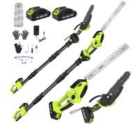 Motosierra y Cortasetos Batería con Pértiga Telescópico, 4 en 1 Eléctrica Herramientas de Jardín con 4 Cadenas Reemplazables, 2 4000 mAh Baterías, Gafas, Guantes para Cortar Jardines Arbusto y Ramas