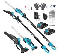 Motosierra y Cortasetos Batería con Pértiga Telescópico Herramientas Jardín | 4 en 1 Kit de Podadora de Altura Electrica con 2 Baterías 4000 mAh, 4 Cadenas, Gafas, Guantes para Cortar Arbusto y Ramas