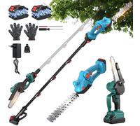 Motosierra y Cortasetos Bateria Telescopico, 4 en 1 herramientas de jardín, Electrica Motosierra con 2 * 2000mAh, Ajustable 135°, Cuchillas de Doble Acción, para Cortar Jardines Arbusto y Ramas
