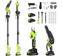 Motosierra y podadora eléctrica telescópica, 4 en 1, juego de herramientas de jardín con 4 cadenas, 2 baterías, tamaño Telescópico, 6 pulgadas, motosierra ángulo ajustable, ideal tamaño jardinería