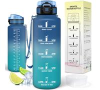 Motswedi Botella Agua 1.5 L, Plástico, Botella Gimnasio, a Prueba de Fugas, Botellas Deportiva 1.5 litro, Cantimplora, con Marcador de Tiempo, para Oficina, Viajes, BicicletaAzul & Verde