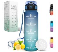 Motswedi Botella agua 1 litro, a Prueba de Fugas, Botella de agua Deportiva, Reutilizable, Cantimplora, con Filtro, con Marcador de Tiempo, para Gym, Bicicleta, Yoga el Camping, Azul & Verde