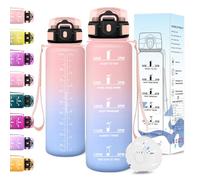 Motswedi Botella Agua 1 litro, a Prueba de Fugas, Cantimplora, Sin BPA, Botella Agua Gimnasio, con Marca de Tiempo, Botellas, Cantimplora para Gym, Bicicleta, Yoga, Oficina, Rosa & Azul Cielo