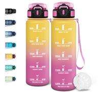 Motswedi Botella agua 1 litro, con Marcador de Tiempo, Botella agua Gimnasio, a Prueba de Fugas, Cantimplora, Cantimplora 1l, para Gym, Deportes, Oficina, Rosa Amarillo
