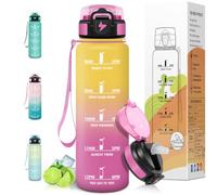 Motswedi Botella Agua 1 litro, con pajita, Botella Agua Gimnasio, a Prueba de Fugas, Cantimplora Marca de Tiempo 1 L, Reutilizable, para Gym, Bicicleta, Camping, Amarillo Rosa