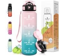 Motswedi Botella Agua 1 litro, con pajita, Botella Agua Gimnasio, a Prueba de Fugas, Cantimplora Marca de Tiempo 1 L, Reutilizable, para Gym, Bicicleta, Camping, Rosa Verde