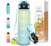 Motswedi Botella Agua 1 litro, con pajita, Botella Agua Gimnasio, a Prueba de Fugas, Cantimplora Marca de Tiempo 1 L, Reutilizable, para Gym, Bicicleta, Camping, Beige Azul Claro