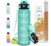 Motswedi Botella Agua 1 litro, con pajita, Botella Agua Gimnasio, a Prueba de Fugas, Cantimplora Marca de Tiempo 1 L, Reutilizable, para Gym, Bicicleta, Camping, Azul Verde