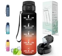Motswedi Botella Agua 1 litro, con pajita, Botella Gimnasio, a Prueba de Fugas, Cantimplora con Marcador de Tiempo, para Gym, Bicicleta, Yoga, Oficina, Negro & rojo