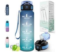 Motswedi Botella Agua 1 litro, con pajita, Botella Gimnasio, a Prueba de Fugas, Cantimplora con Marcador de Tiempo, para Gym, Bicicleta, Yoga, Oficina, Azul & verde