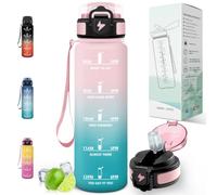 Motswedi Botella Agua 1 litro, con pajita, Botella Gimnasio, a Prueba de Fugas, Cantimplora con Marcador de Tiempo, para Gym, Bicicleta, Yoga, Oficina, Rosa & verde