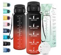 Motswedi Botella agua 1 litro, Reutilizable, Cantimplora, a Prueba de Fugas, Botella agua Gimnasio, con Marcador de Tiempo, botellas Gympara Escuela, Gym, Yoga, Oficina, Negro Rojo