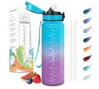 Motswedi Botella Agua 1 Litro, Sin BPA, Botella Agua con Pajita, Reutilizable, Botella Agua Gimnasio, a Prueba de Fugas, Botella de Agua, Cantimplora para Gym, Yoga, Oficina, Escuela, Azul Morado