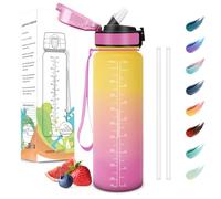 Motswedi Botella Agua 1 Litro, Sin BPA, Botella Agua con Pajita, Reutilizable, Botella Agua Gimnasio, a Prueba de Fugas, Botella de Agua, Cantimplora para Gym, Yoga, Oficina, Escuela, Amarillo Rosa
