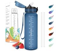 Motswedi Botella Agua 1 Litro, Sin BPA, Botella Agua con Pajita, Reutilizable, Botella Agua Gimnasio, a Prueba de Fugas, Botella de Agua, Cantimplora para Gym, Yoga, Oficina, Escuela, Azul Oscuro
