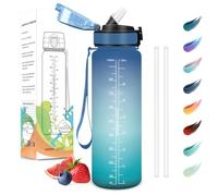Motswedi Botella Agua 1 Litro, Sin BPA, Botella Agua con Pajita, Reutilizable, Botella Agua Gimnasio, a Prueba de Fugas, Botella de Agua, Cantimplora para Gym, Yoga, Oficina, Escuela, Azul Verde