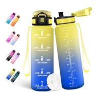 Motswedi Botella Agua, 1000 ml, a Prueba de Fugas, Cantimplora, Sin BPA, Botella Agua Gimnasio, con Marca de Tiempo, Amarillo&azul real