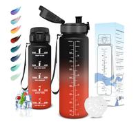 Motswedi Botella Agua, 1000 ml sin BPA, Botella de Agua, Reutilizable, Cantimplora, con Marcador de Tiempo, Botella Agua Gimnasio, Botella para Niños, Deporte, Running, Gimnasio, Bicicleta, Negro Rojo