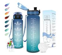 Motswedi Botella Agua, 1000 ml sin BPA, Botella de Agua, Reutilizable, Cantimplora, con Marcador de Tiempo, Botella Agua Gimnasio, Botella para Niños, Deporte, Running, Gimnasio, Bicicleta, Azul Verde