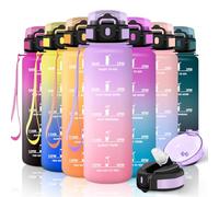 Motswedi Botella Agua, 1000ml con Pajita, Cantimplora, a Prueba de Fugas, Botella Agua Gimnasio, Sin BPA, con Marca de Tiempo, para Gym, Colegio, Oficina, Violeta Claro & Rosa Claro
