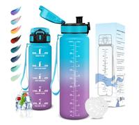 Motswedi Botella Agua, 1000ml sin BPA, Botella de Agua, Reutilizable, Cantimplora, con Marcador de Tiempo, Botellas Gimnasio, Botellas para Niños, Deporte, Running, Gimnasio, Bicicleta, Azul Morado