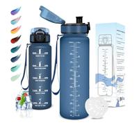 Motswedi Botella Agua, 1000ml sin BPA, Botella de Agua, Reutilizable, Cantimplora, con Marcador de Tiempo, Botella Agua Gimnasio, Botella para Niños, Deporte, Running, Gimnasio, Bicicleta, Azul Oscuro