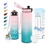 Motswedi Botella Agua, 1000ml sin BPA, Botella de Agua, Reutilizable, Cantimplora, con Marcador de Tiempo, Botella Agua Gimnasio, Botella para Niños, Deporte, Running, Gimnasio, Bicicleta, Rosa Verde