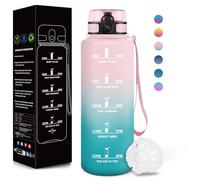 Motswedi Botella Agua, 1500ML Libre de BPA, Cantimplora Plastico, Diseño de Cerradura a Prueba de Fugas, Botella de Agua Gimnasio, Con Marca de Tiempo, Para Gym, senderismo, camping - Rosa&cian