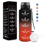 Motswedi Botella Agua, 1500ML Libre de BPA, Cantimplora Plastico, Diseño de Cerradura a Prueba de Fugas, Botella de Agua Gimnasio, Con Marca de Tiempo, Para Gym, senderismo, camping - Negro&rojo