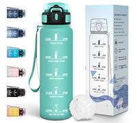 Motswedi Botella Agua 1l, Botella Agua Gimnasio, Diseño de Cerradura a Prueba de Fugas, Cantimplora, con Marca de Tiempo, Cantimplora Plastico para Deportes, Universidad, Bicicleta - Azul&Verde