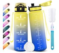 Motswedi Botella Agua 1l, Botella Deportiva, con Marcador de Tiempo, Cantimplora, a Prueba de Fugas, Cantimplora 1l Incluye Esponja de Limpieza, para Gimnasio, Camping, Viajes, Amarillo & Azul real