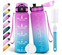 Motswedi Botella Agua 1l, Botella Deportiva, con Marcador de Tiempo, Cantimplora, a Prueba de Fugas, Cantimplora 1l Incluye Esponja de Limpieza, para Gimnasio, Camping, Bicicleta, Rosa rojo & Cian