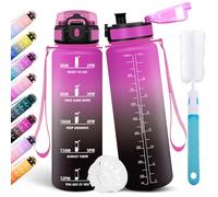 Motswedi Botella Agua 1l, Botella Deportiva, con Marcador de Tiempo, Cantimplora, a Prueba de Fugas, Cantimplora 1l Incluye Esponja de Limpieza, para Gimnasio, Camping, Bicicleta, Púrpura & Negro