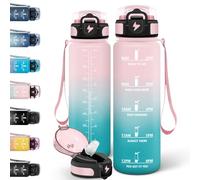 Motswedi Botella Agua 1l, Con Paja, Botella Agua Gimnasio, A Prueba de Fugas, Cantimplora, con Marcador de Tiempo, Cantimplora Deporte, para Oficina, Camping, Viajes, Bicicleta - Rosa&Cian