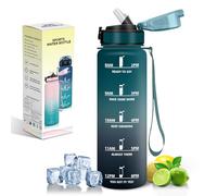 Motswedi Botella Agua 1L, con Pajita, Botella Deportiva, a Prueba de Fugas, Botellas 1 litro, Plástico, Cantimplora, con Marcador de Tiempo, para Deportes, Oficina, Bicicleta, Verde oscuro & Gris