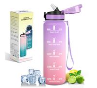 Motswedi Botella Agua 1L, con Pajita, Botella Deportiva, a Prueba de Fugas, Botellas 1 litro, Plástico, Cantimplora, con Marcador de Tiempo, para Deportes, Oficina, Bicicleta, Morado claro&Rosa claro