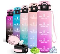 Motswedi Botella Agua 1L, con Pajita, Botella Deportiva, a Prueba de Fugas, Botellas 1 litro, Plástico, Cantimplora, con Marcador de Tiempo, para Deportes, Oficina, Bicicleta, Rosa claro & Rojo rosado