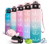 Motswedi Botella Agua 1L, con Pajita, Botella Deportiva, a Prueba de Fugas, Botellas 1 litro, Plástico, Cantimplora, con Marcador de Tiempo, para Deportes, Oficina, Bicicleta, Rosa & Verde