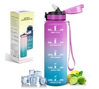 Motswedi Botella Agua 1L, con Pajita, Botella Deportiva, a Prueba de Fugas, Botellas 1 litro, Plástico, Cantimplora, con Marcador de Tiempo, para Deportes, Oficina, Bicicleta, Rojo rosado & Cian
